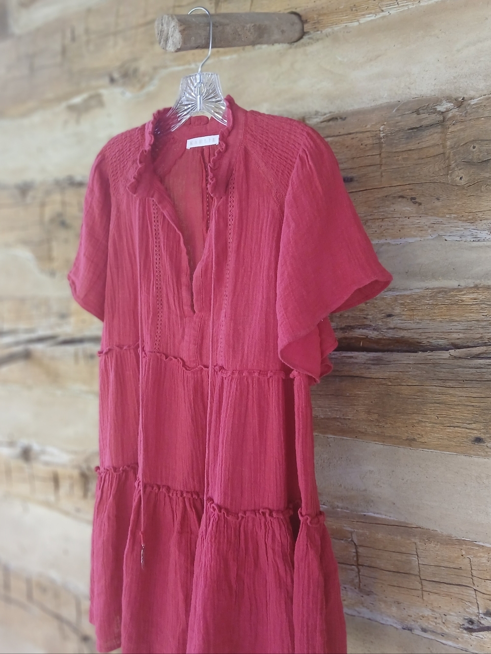 Karlie Red Flutter Sleeve Tiered Linen Cotton Mini Dress Medium - Picture 4 of 9